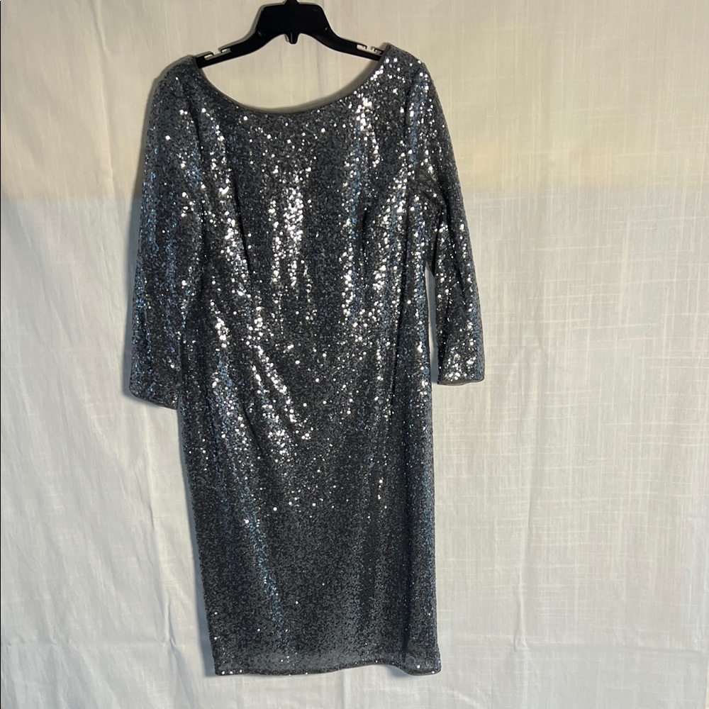 BOGO! Adrianna Papell Glittering Silver Long Sleeve Dress, V Back, Size 18